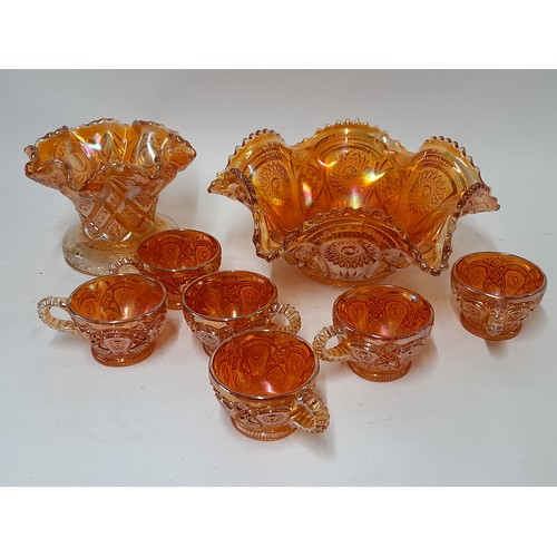 48 - Qty of Carnival Glass to include 6 x cups and 2 x Bowls, large bowl A/F