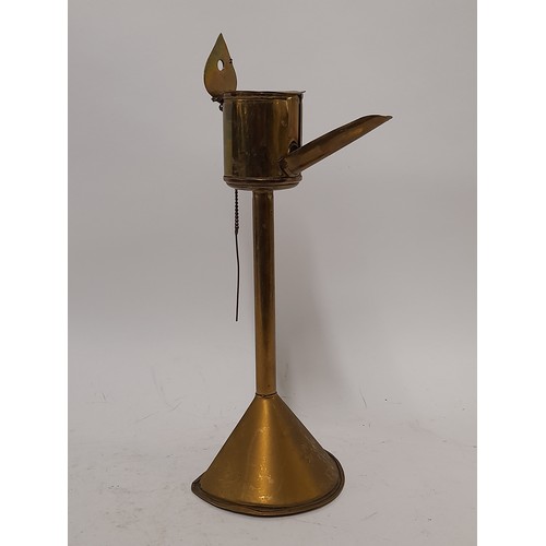 56 - Brass Conical Base Whale Oil Lamp, 36cm high