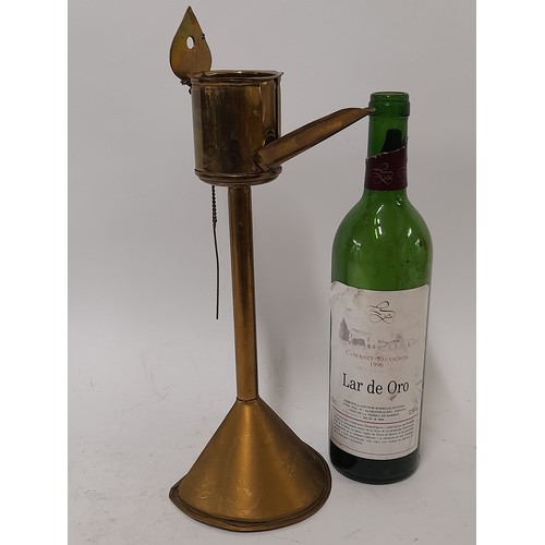 56 - Brass Conical Base Whale Oil Lamp, 36cm high