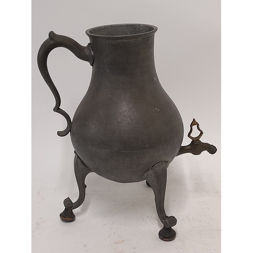 58 - European Pewter 3 footed coffee pot with Brass Tap and Spout, No Lid. 29cm high