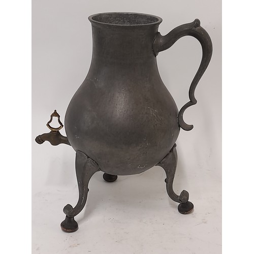 58 - European Pewter 3 footed coffee pot with Brass Tap and Spout, No Lid. 29cm high