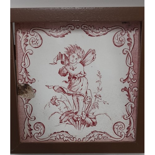 64 - 2 x Vintage Tiles Featuring Fairies, loosely mounted in frames, 17.5cm x 17.5cm