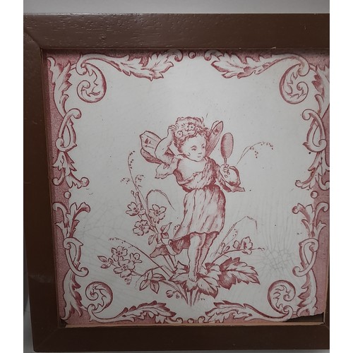 64 - 2 x Vintage Tiles Featuring Fairies, loosely mounted in frames, 17.5cm x 17.5cm