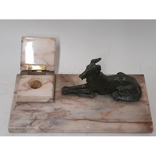 66 - Art Deco Style Desk Top Decorative marble penholder and Ink Well with white metal Dog decor finished... 