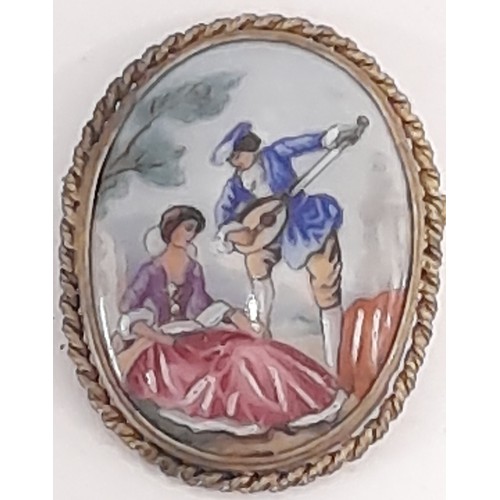 69 - Vintage Limoges Porcelain Hand Painted  Brooch of a man serenading a woman, 5cm x 4cm