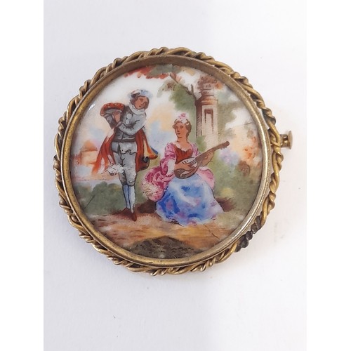 75 - Vintage Limoges Porcelain Hand Painted Brooch of a young man with Cape and a young lady with musical... 