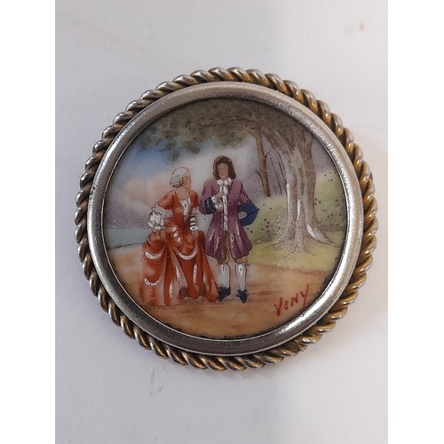 76 - Vintage Limoges Porcelain Hand Painted Brooch of a young couple walking 4.5cm diameter