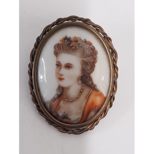 78 - Vintage Limoges Porcelain Hand Painted Brooch of a young Lady with Flowers in her Hair, 4.5cm x 3.5c... 