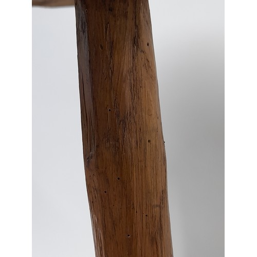 82 - Folk Art style 3 Legged Stool with Whittled Legs And a Cross section cut trunk Seat, 45cm high x 32c... 