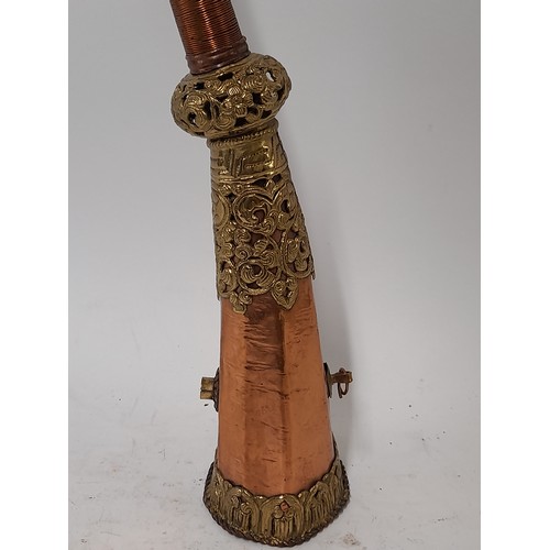 90 - Copper and Brass hand tooled Temple Horn, 49cm long