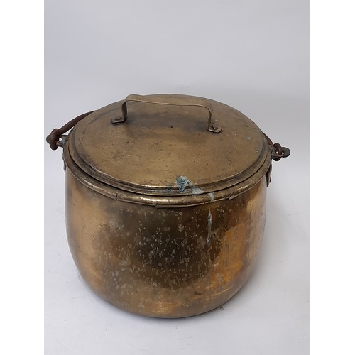 95 - Large brass cooking pot with Lid and Iron Swing Handle, 33cm high x 41cm wide