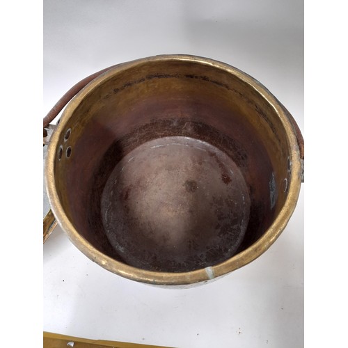 95 - Large brass cooking pot with Lid and Iron Swing Handle, 33cm high x 41cm wide