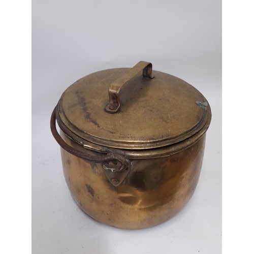 95 - Large brass cooking pot with Lid and Iron Swing Handle, 33cm high x 41cm wide