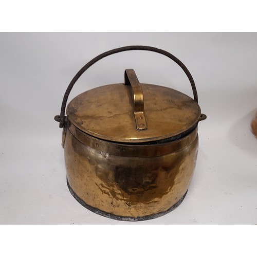 97 - Very Large Brass Flat bottom Cooking Vessel with Lid and Iron swing Handle, 37cm high x 44cm diamete... 