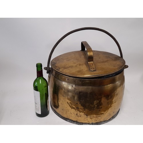 97 - Very Large Brass Flat bottom Cooking Vessel with Lid and Iron swing Handle, 37cm high x 44cm diamete... 