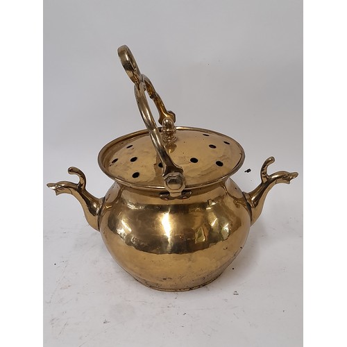 100 - French Brass Cooking Vessel with Lid and swing handle, 21cm high x 34cm wide