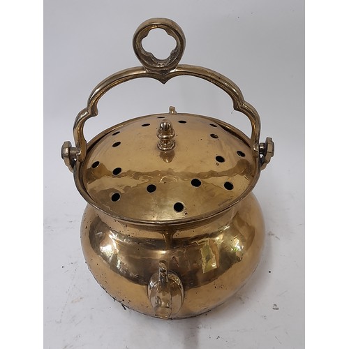 100 - French Brass Cooking Vessel with Lid and swing handle, 21cm high x 34cm wide