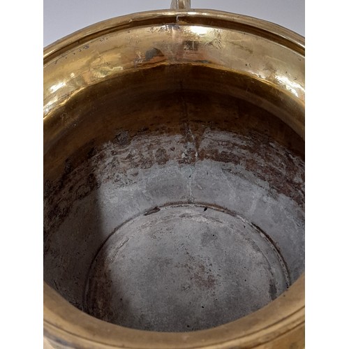 100 - French Brass Cooking Vessel with Lid and swing handle, 21cm high x 34cm wide