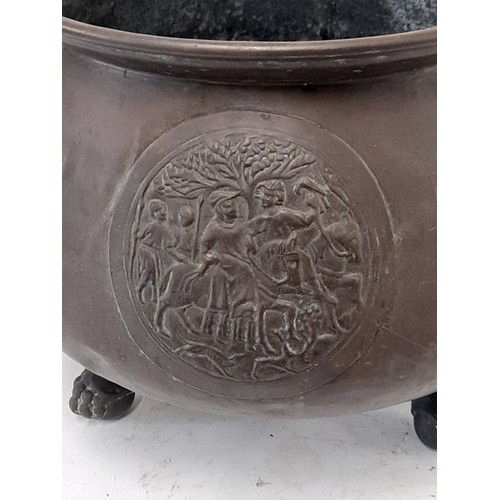 104 - Copper cooking vessel on 3 Lion Paw Feet with Lion Head Handles and a Decorative Plaque to front of ... 