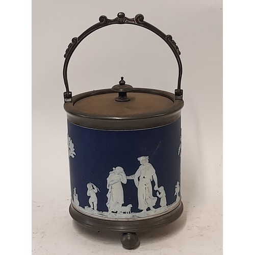 107 - Metal and Ceramic Biscuit Barrel in the style of Jasper ware, 15cm high x 14cm wide