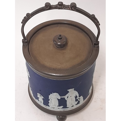 107 - Metal and Ceramic Biscuit Barrel in the style of Jasper ware, 15cm high x 14cm wide