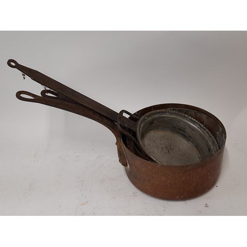 108 - 3 x Vintage Copper Pans with Forged Iron Handles, largest 20cm diameter x 10cm high