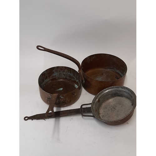 108 - 3 x Vintage Copper Pans with Forged Iron Handles, largest 20cm diameter x 10cm high