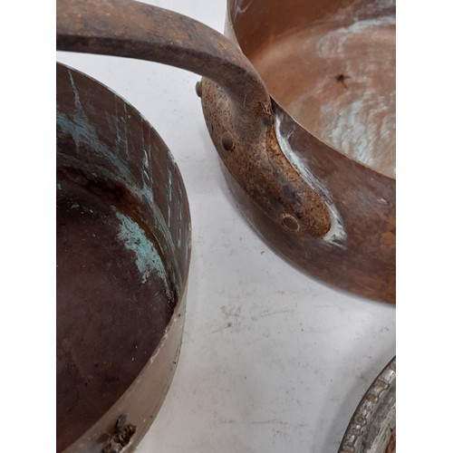 108 - 3 x Vintage Copper Pans with Forged Iron Handles, largest 20cm diameter x 10cm high