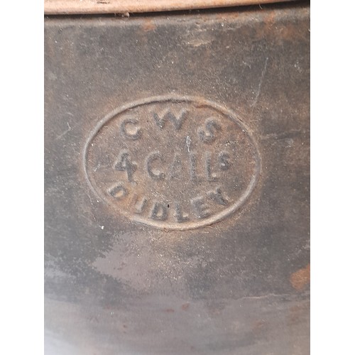 112 - Large Cast Iron Cooking Pot (4 Gallon)with lid and swing handle marked CWS DUDLEY, 41cm x 23cm