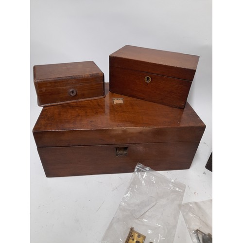 117 - 5 x Wooden Boxes needing attention with 2 x vintage Lock, Largest box, 35cm x 23cm x 15cm