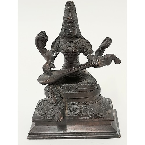 37 - Bronze Hindu Deity SARASWATI, 11.5cm high x 8cm wide