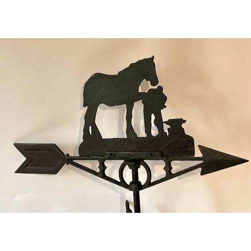 71 - Black Cast Iron Weather Vain Displaying A Farrier And Horse. 60cm x 47cm.