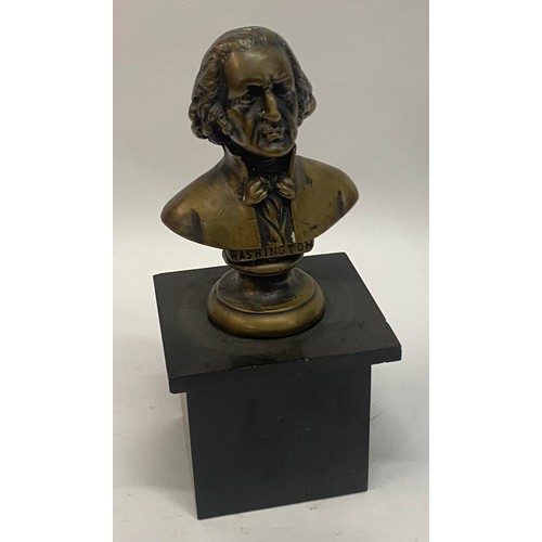 437 - Antique Bronze Bust of Washington Raised on Engraved Stone Block 18cm Height