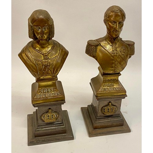 438 - Antique Pair of Continental Bronze Busts. Reine Des Belges and Leopold. I. Roi Des Belges Raised on ... 