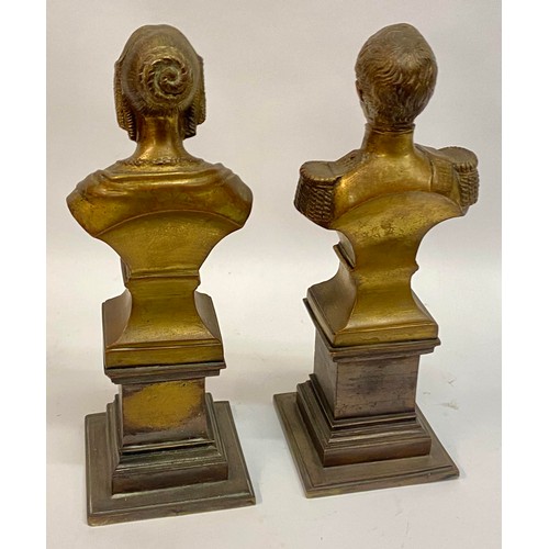 438 - Antique Pair of Continental Bronze Busts. Reine Des Belges and Leopold. I. Roi Des Belges Raised on ... 