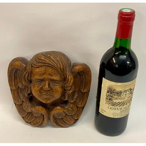 442 - Vintage Continental Carved Wood Cherub Wall Relief. Carved Signature to Back 18cm x 18cm x 9cm