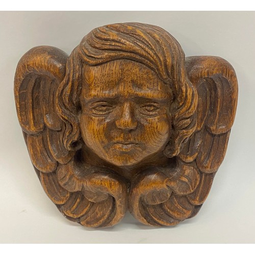 442 - Vintage Continental Carved Wood Cherub Wall Relief. Carved Signature to Back 18cm x 18cm x 9cm