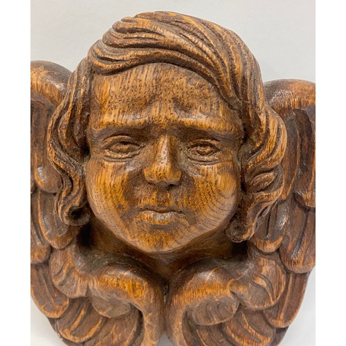 442 - Vintage Continental Carved Wood Cherub Wall Relief. Carved Signature to Back 18cm x 18cm x 9cm