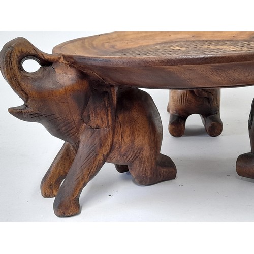 130 - Wooden Bowl standing on Three Elephants, bowl 36cm diameter, elephant 19cm high