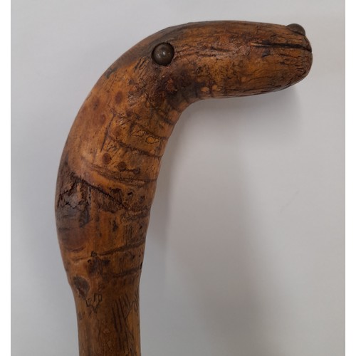 142 - Folk Art walking stick, carved Bamboo, the handle in the form of a Snake Head, 84cm long