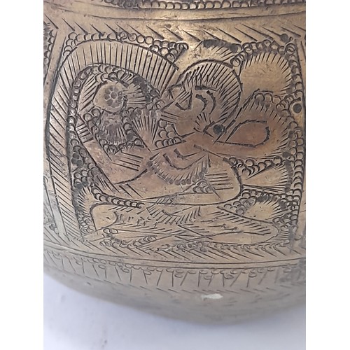 143 - Heavy Brass Pot, possibly Indian, 13cm high x 13cm wide with chased panels to circumference