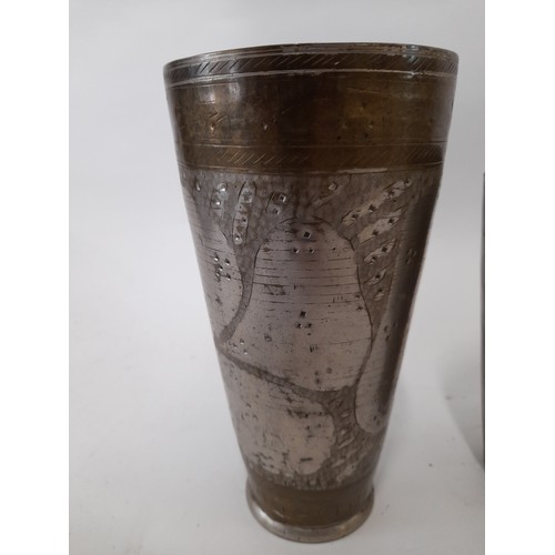 144 - 3 x Vintage Lassi Beakers with engraved decoration, largest 18cm high