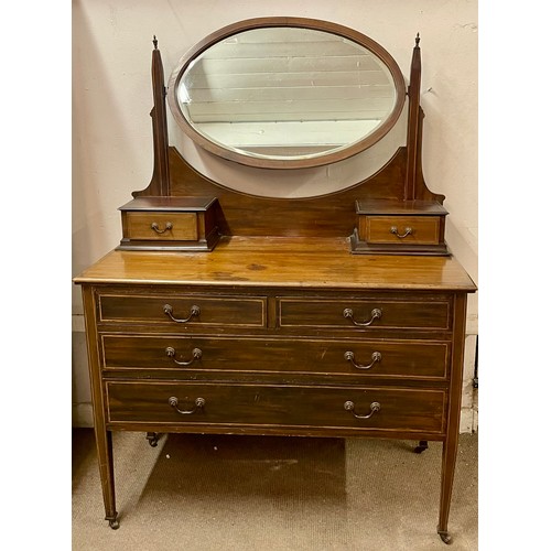 8A - Edwardian Inlaid Dressing Table With Oval Mirror. 107 x 49 x 153 cms