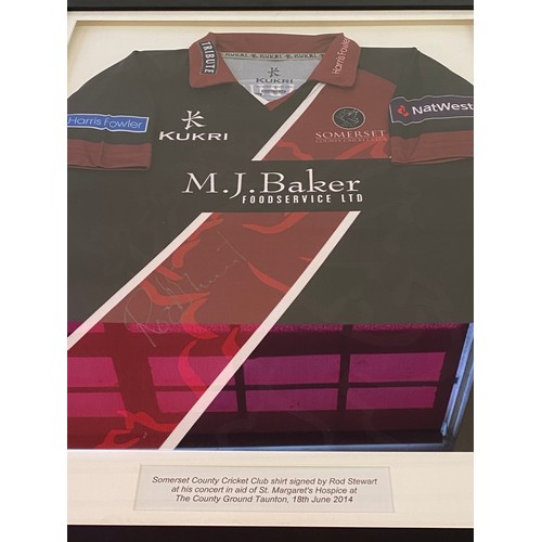 627 - Collectable Framed Somerset County Cricket Club Shirt Signed by Rod Stewart at his Concert in Aid of... 