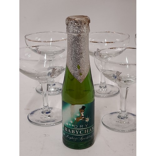 106 - 6 x 1950,s Babycham Glasses with White deer, hexagonal stem and Babycham lettered to base along with... 