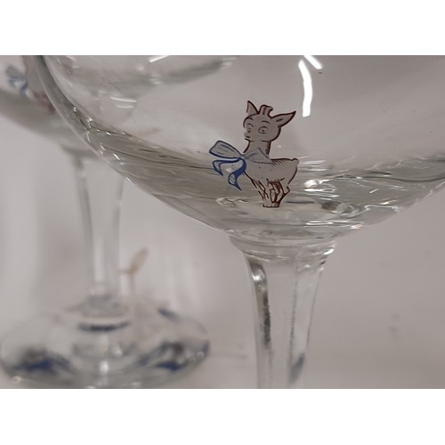 106 - 6 x 1950,s Babycham Glasses with White deer, hexagonal stem and Babycham lettered to base along with... 