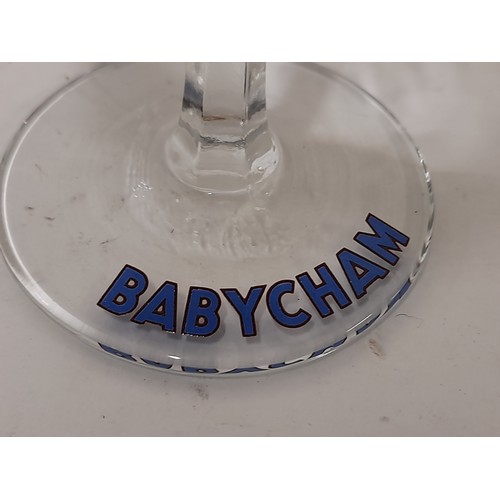 106 - 6 x 1950,s Babycham Glasses with White deer, hexagonal stem and Babycham lettered to base along with... 