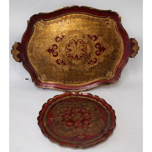 16 - 2 x Florentine Trays, one round, 35cm diameter and a 2 handled Tray, 67cm x 45cm