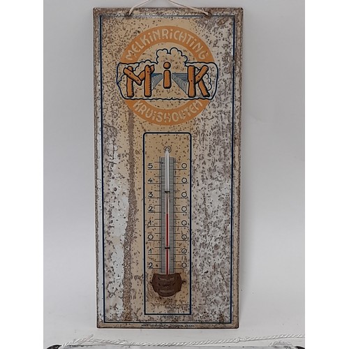 6 - A vintage Tin  Advertising sign with fitted thermometer, 25cm x 11.5cm
together with a metal EXIT Si... 