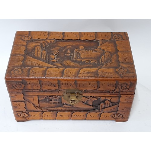 7 - Carved Wood Box with camphor wood lining, 25cm x 15cm x 14cm